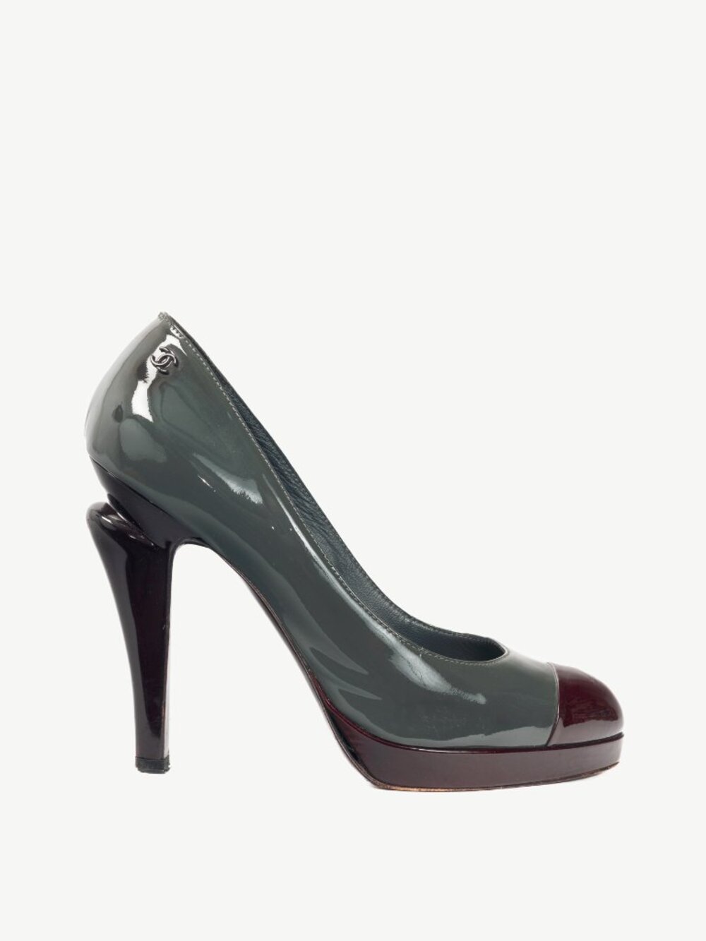 Chanel 08A Grey & Burgundy Patent-Leather Cap-Toe Heels